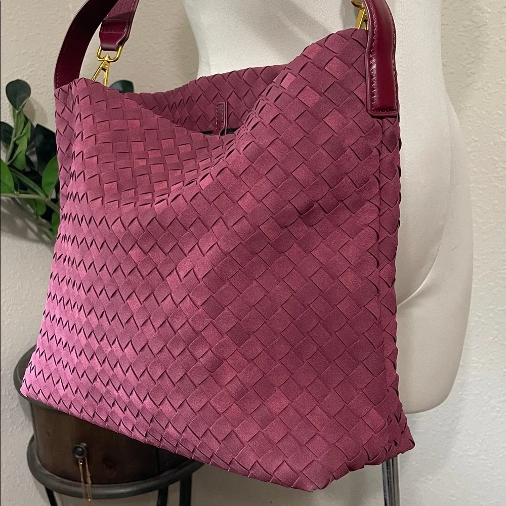 Burgundy faux, leather woven tote